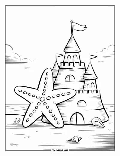 Coloriage de plages estivale pour enfants : Une étoile de mer près d'un château de sable entouré de coquillages et d'un ciel dégagé