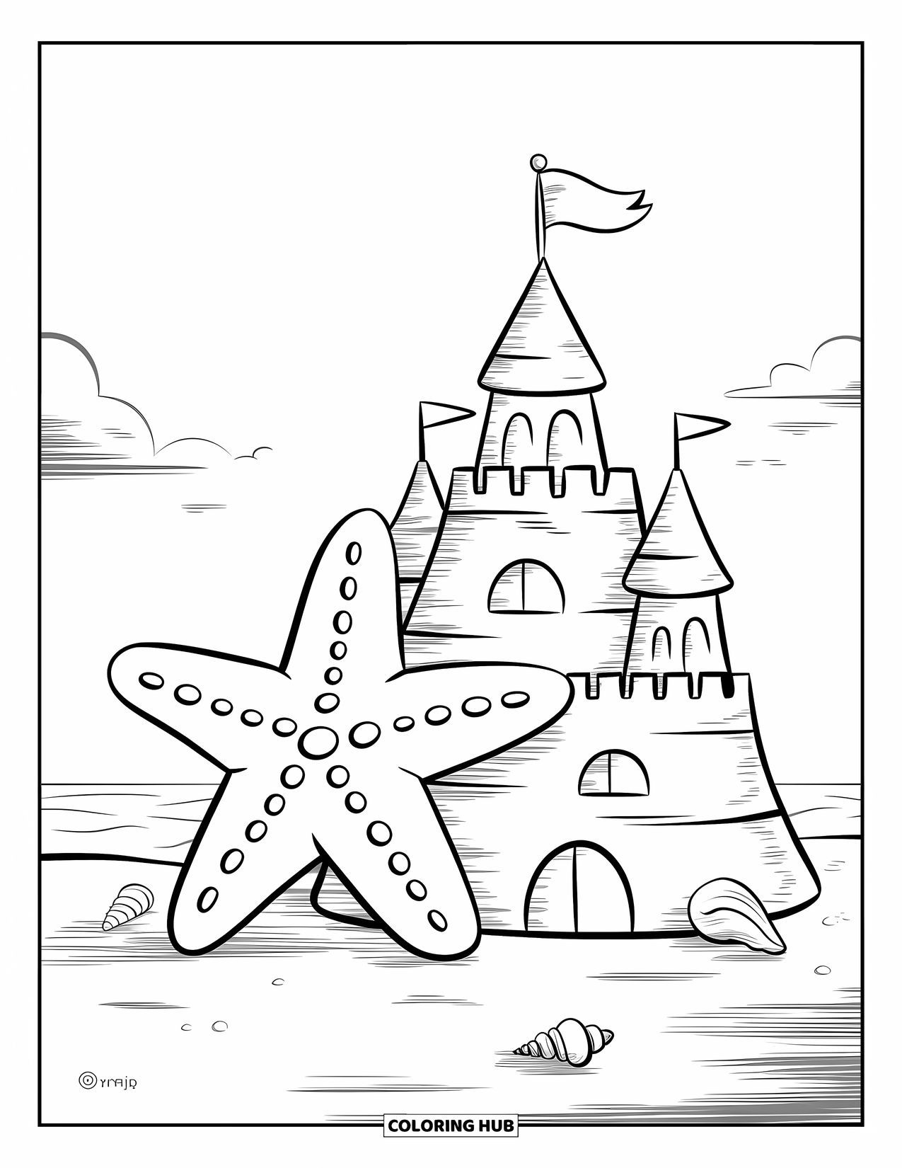Beach Summer Coloring Page for Kids: A starfish near a sandcastle surrounded by seashells and clear skies