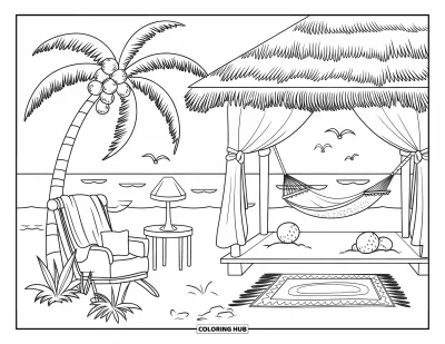 Coloriage de plages estivale pour enfants : Un bungalow de plages ensoleillé avec un hamac, une table en bois et une vue sur la mer