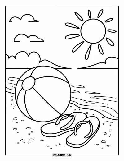 Coloriage de plages estivale pour enfants : Une scène de plages ensoleillée avec des tongs, un ballon et un soleil radieux