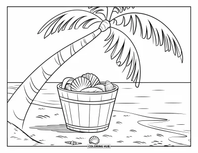 Coloriage de plages estivale pour enfants : Une plages ensoleillée avec un palmier et un seau plein de coquillages