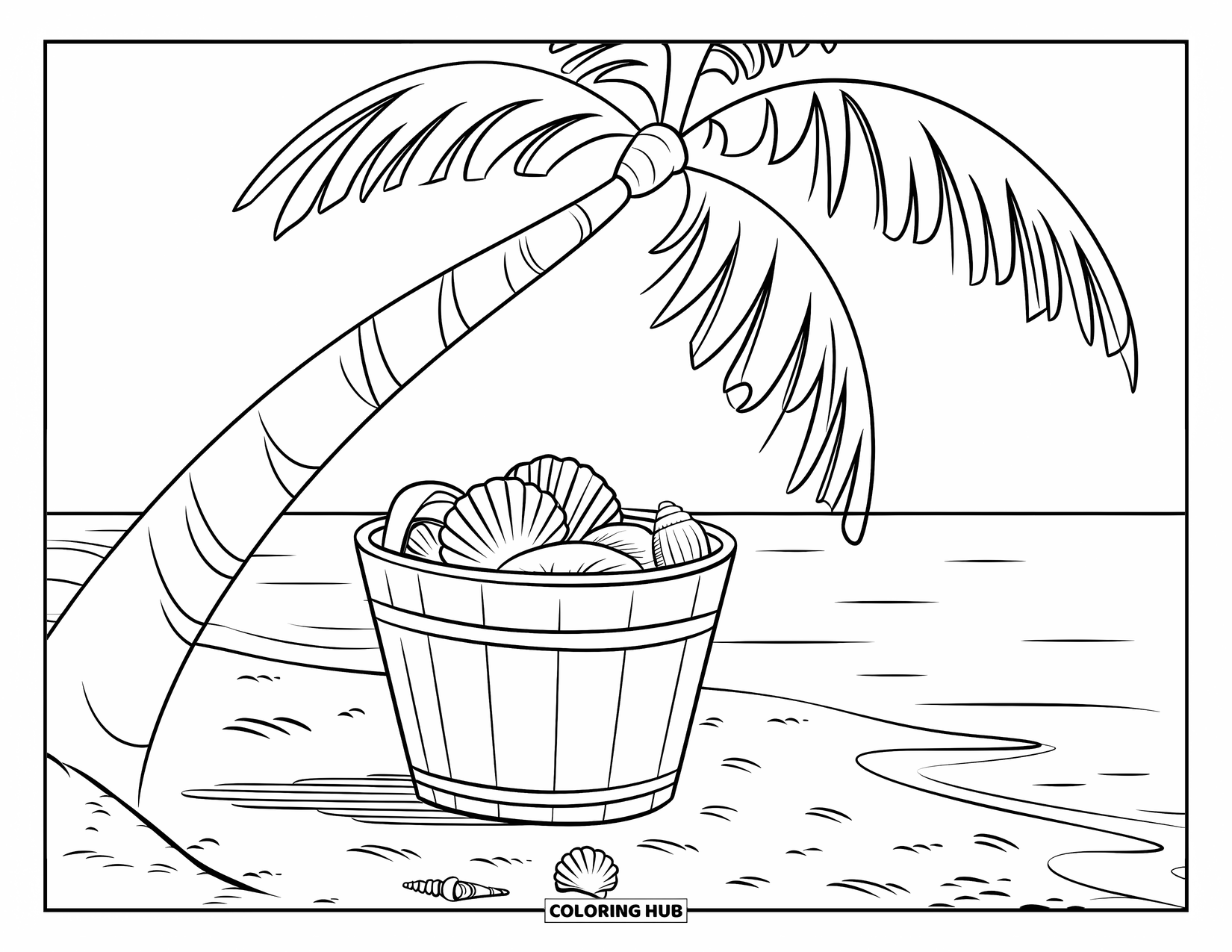 Beach Summer Coloring Page for Kids: A sunny beach with a palm tree and bucket full of shells