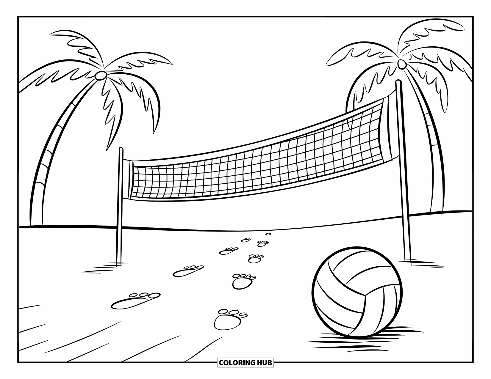 Beach Summer Coloring Page for Kids: A sunny beach with a volleyball net and footprints in the sand