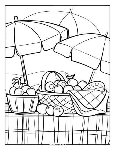 Coloriage de plages estivale pour enfants : Un pique-nique ensoleillé avec des fruits frais, des serviettes de plages et des parasols
