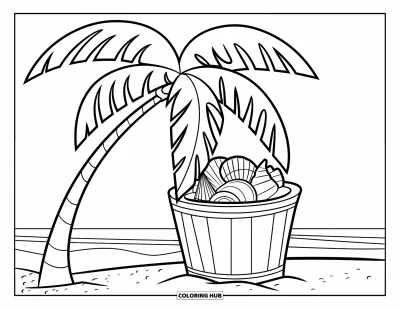 Coloriage de plages estivale pour enfants : Un grand palmier à côté d'un seau rempli de jolis coquillages