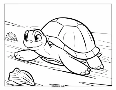 Coloriage de plages estivale pour enfants : Une tortue avançant lentement sur le rivage chaud et sablonneux