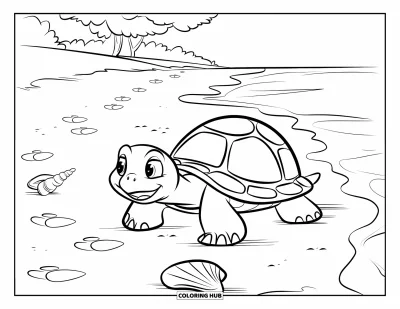 Coloriage de plages estivale pour enfants : Une tortue marchant sur le sable avec des coquillages tout autour