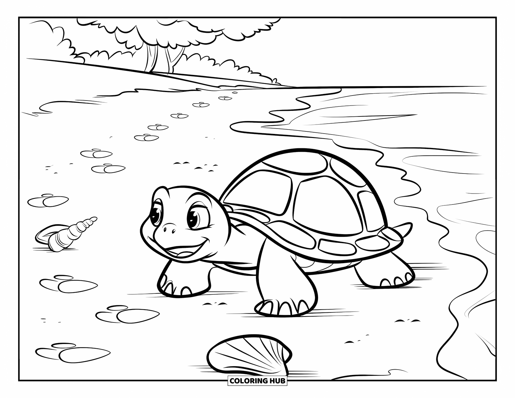 Beach Summer Coloring Page for Kids: A turtle walking on the sand with seashells around it