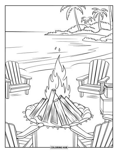 Coloriage de plages estivale pour enfants : Un feu de camp chaleureux sur la plages avec des chaises et des lumières scintillantes