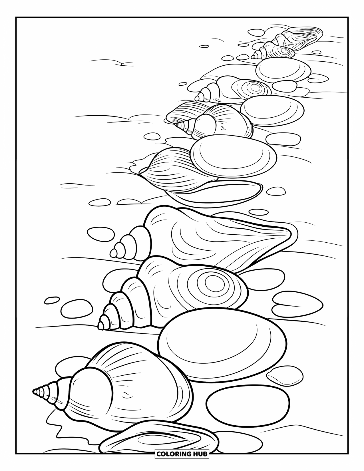 Beach Summer Coloring Page for Kids: Beautiful seashells and round pebbles resting on warm sand