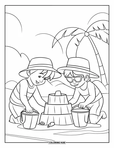 Coloriage de plages estivale pour enfants : Des enfants coiffés de chapeaux construisant un château de sable sous le soleil estival