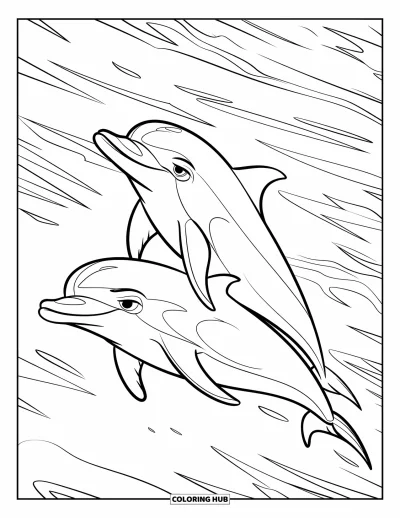 Coloriage de plages estivale pour enfants : Des dauphins bondissant à travers les vagues écumantes de l'océan sous le soleil estival