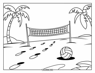 Coloriage de plages estivale pour enfants : Des empreintes de pas menant à un filet de volley-ball sous un ciel bleu limpide