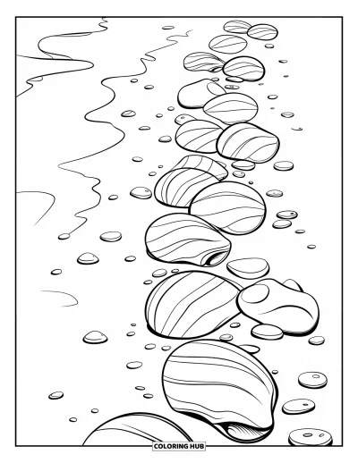 Coloriage de plages estivale pour enfants : De jolis coquillages et des galets éparpillés sur le sable blanc et doux