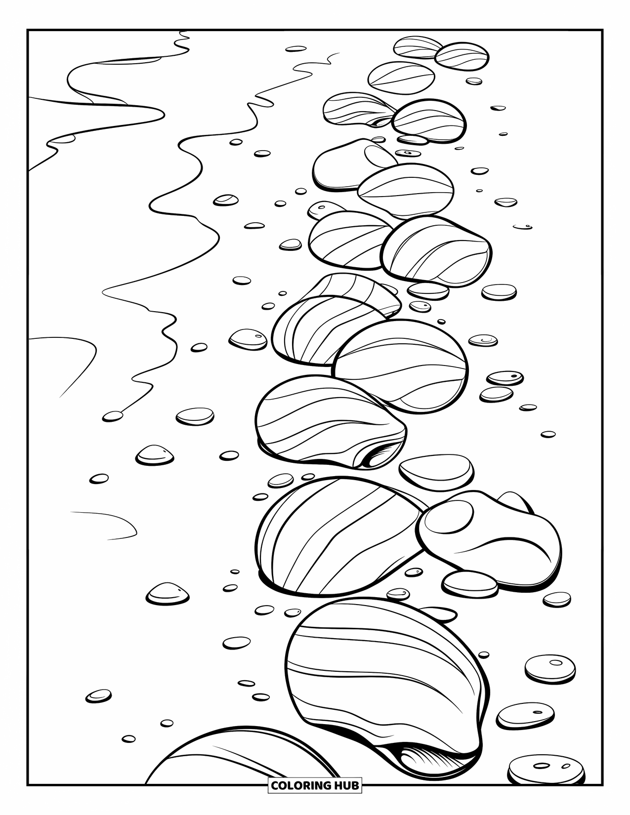 Beach Summer Coloring Page for Kids: Pretty seashells and pebbles scattered across soft white sand