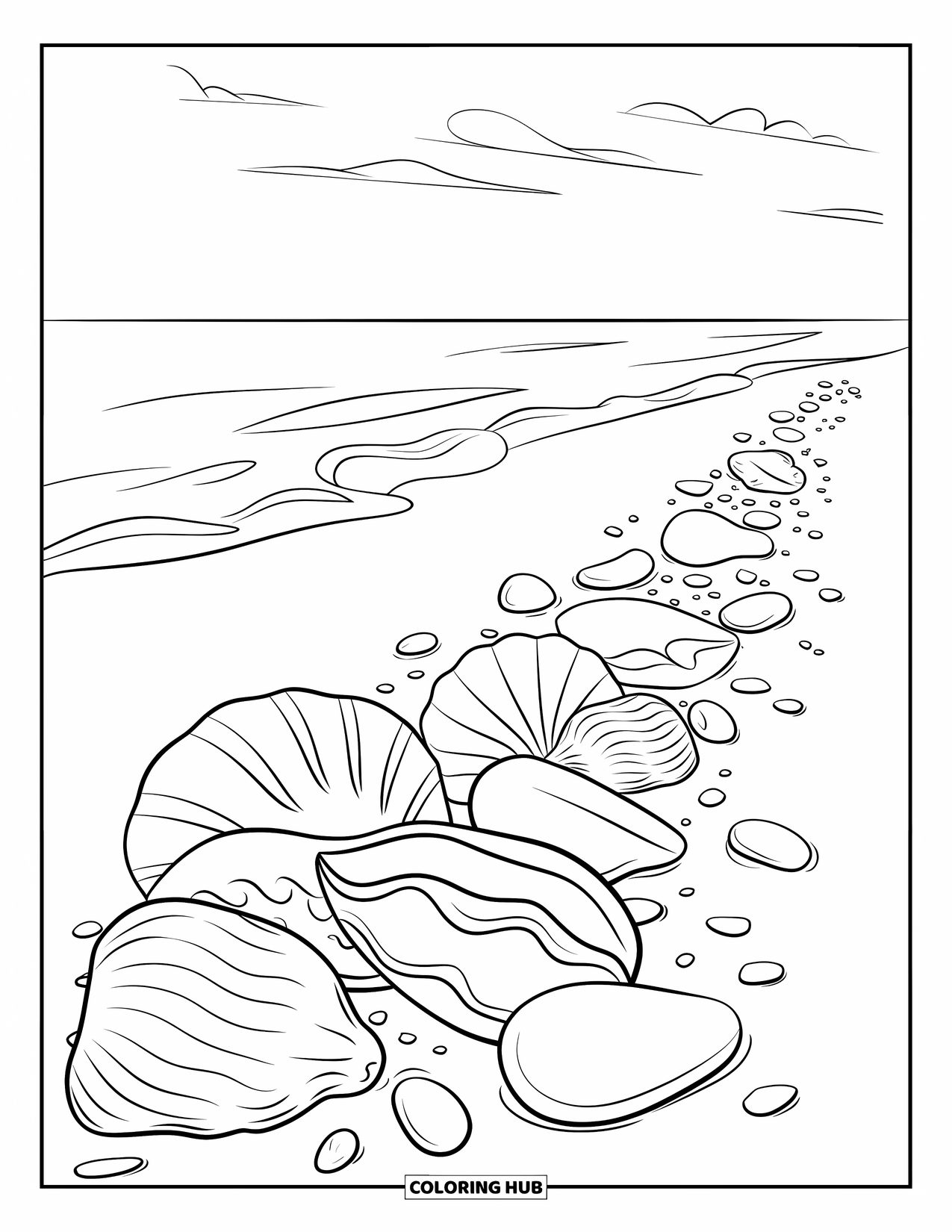 Beach Summer Coloring Page for Kids: Seashells and pebbles shimmer along the sunny seashore