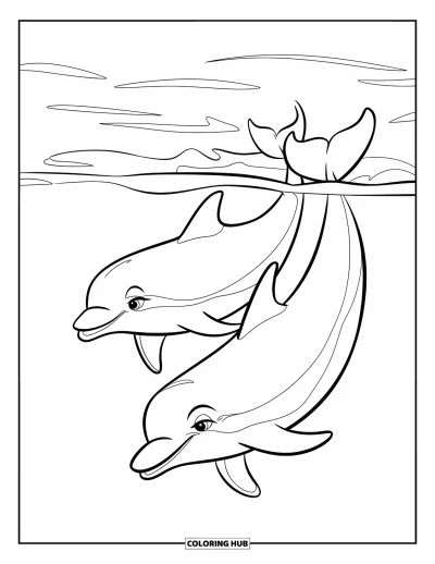 Coloriage de plages estivale pour enfants : Deux dauphins glissant côte à côte dans une eau bleue et calme