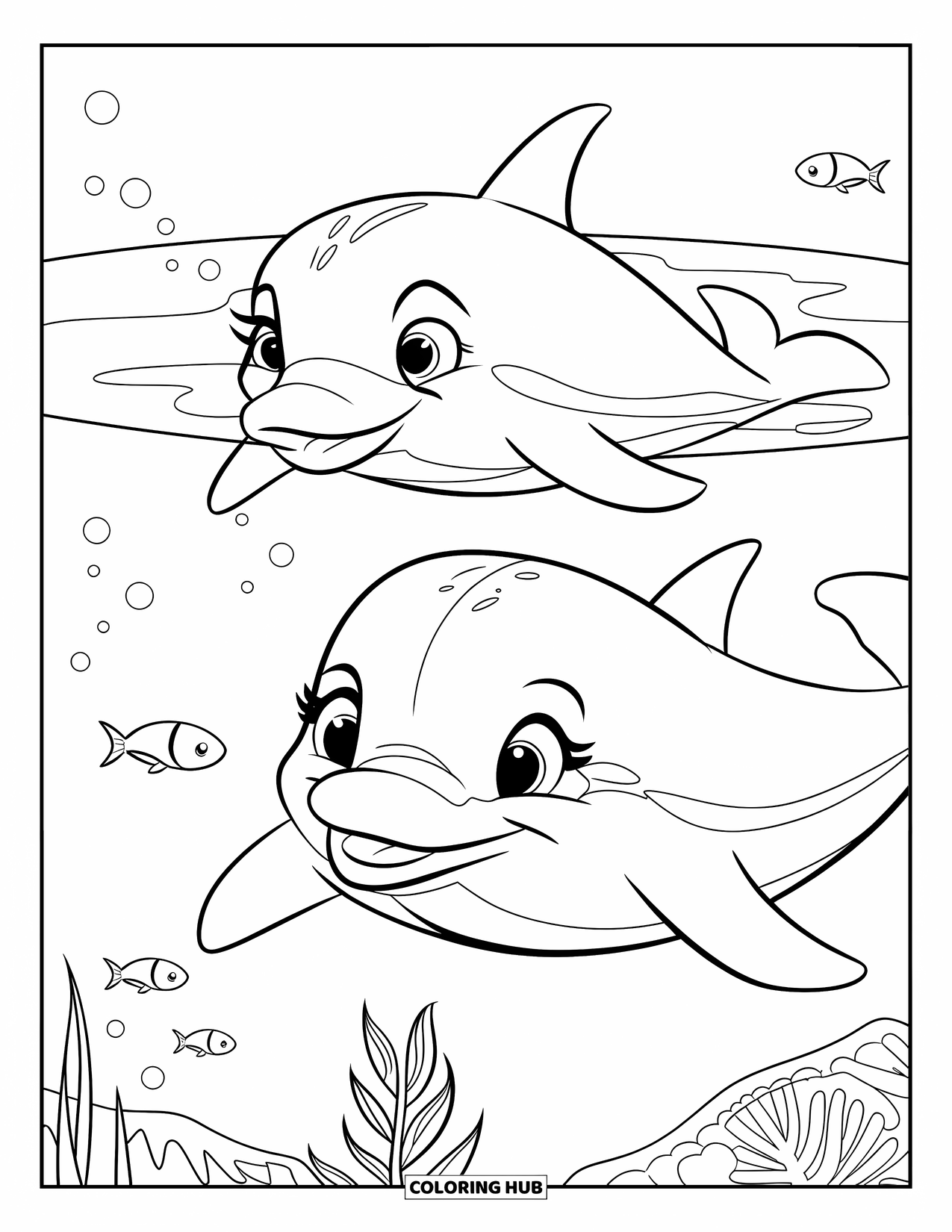 Beach Summer Coloring Page for Kids: Two dolphins swimming playfully through warm summer waters