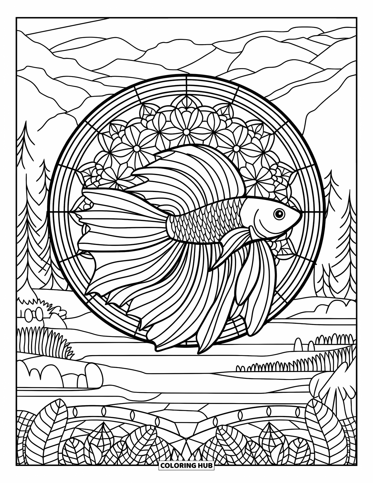 Blue Coloring Page for Adults: A betta fish swimming within a stained glass circle beside mountains and water