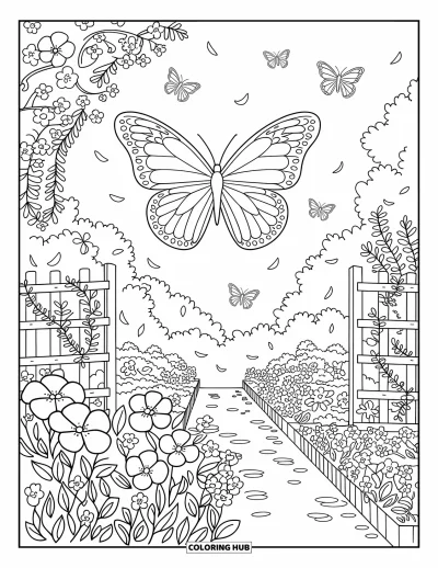 Coloriage de bleu pour adultes : Un jardin lumineux rempli de papillons, de fleurs et de pétales portés par la brise