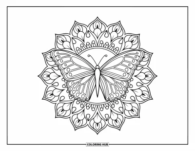 Coloriage de bleu pour adultes : Un papillon posé au centre d'un mandala floral rempli de pétales finement travaillés