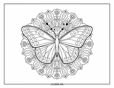Coloriage de bleu pour adultes : Un papillon déployant ses ailes au milieu d'un mandala complexe de fleurs et de lianes