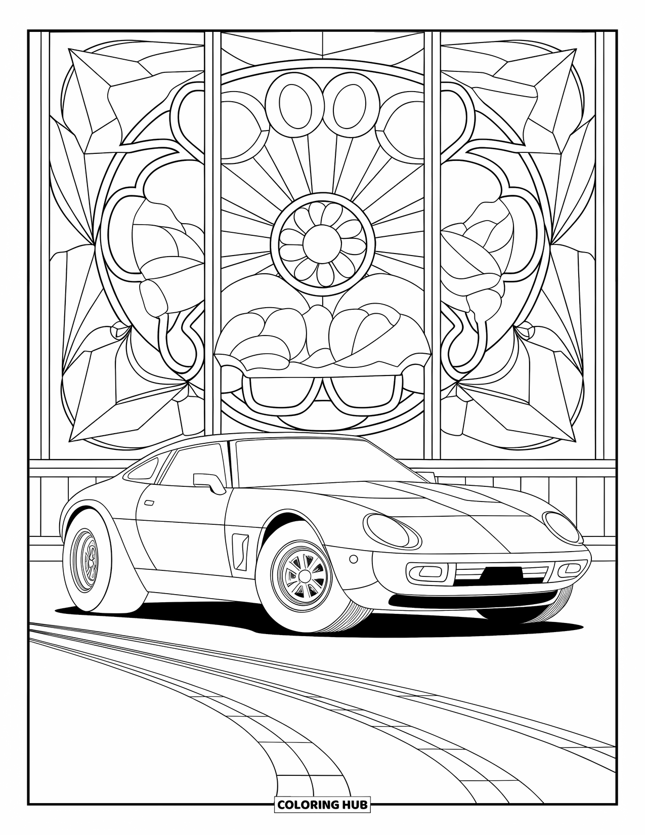Blue Coloring Page for Adults: A car parked before a large stained glass window filled with swirling shapes
