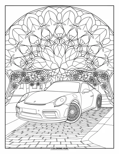Coloriage de bleu pour adultes : Une voiture garée sur des pavés entourée de vitraux floraux et d'arches