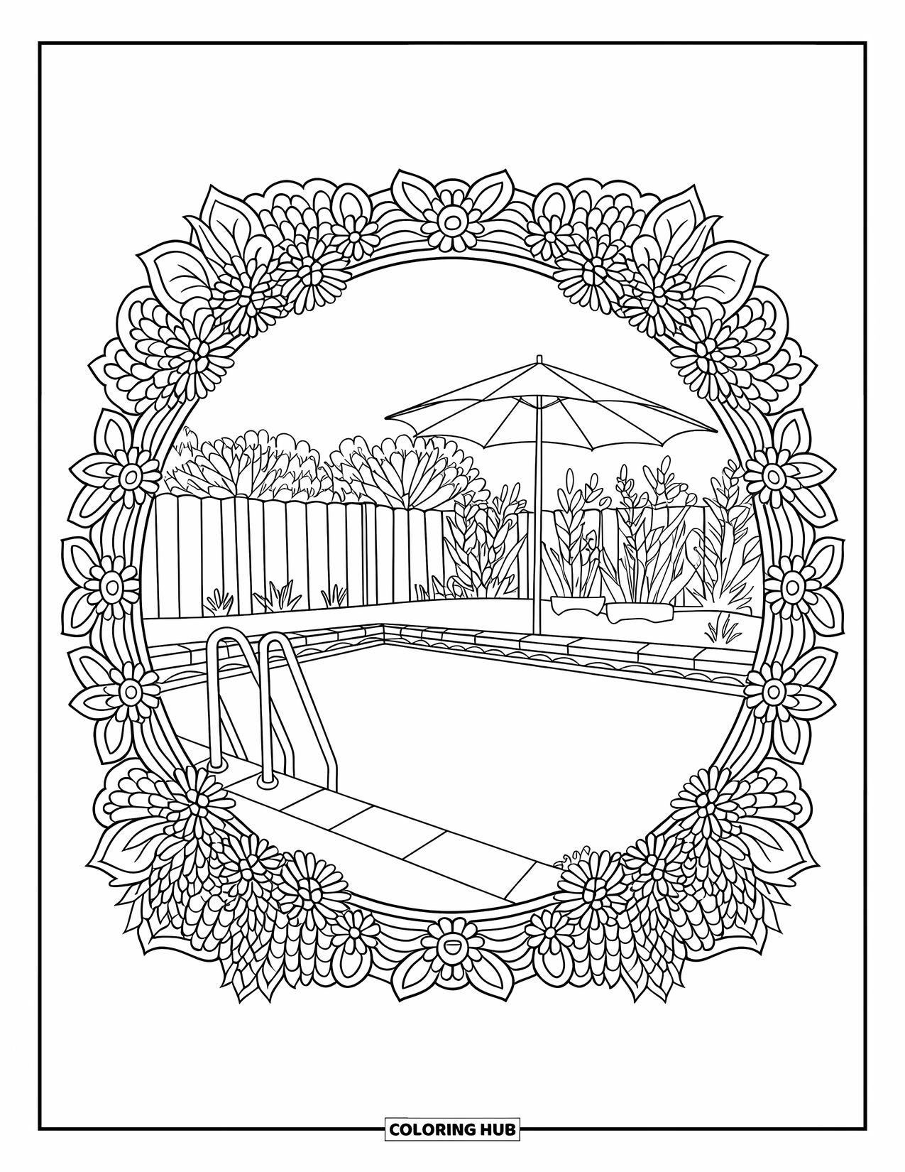 Blue Coloring Page for Adults: A cozy backyard pool with an umbrella inside a decorative floral mandala frame