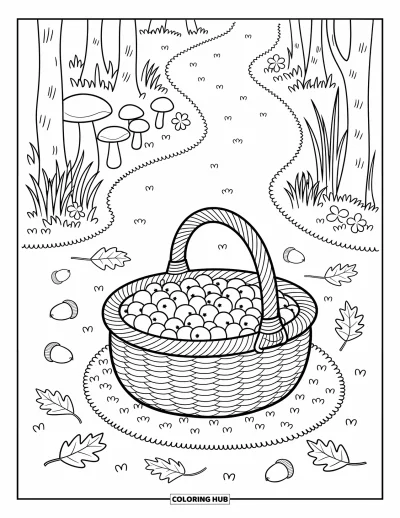 Coloriage de bleu pour adultes : Une scène forestière chaleureuse avec des myrtilles, de la mousse et un sentier sinueux