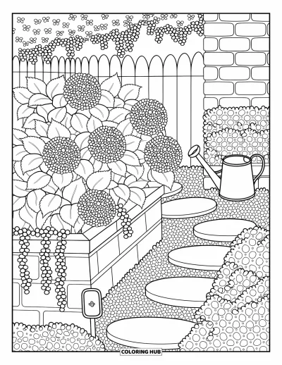 Coloriage de bleu pour adultes : Un coin de jardin douillet avec des hortensias, des clôtures de lierre et un chemin sinueux