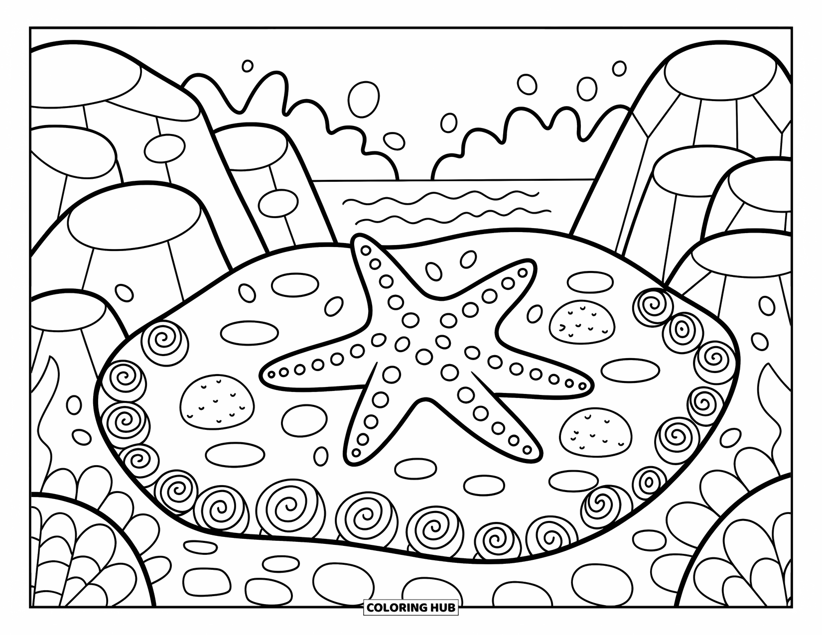 Blue Coloring Page for Adults: A cozy tide pool scene with a starfish, barnacles, and shells near calm water