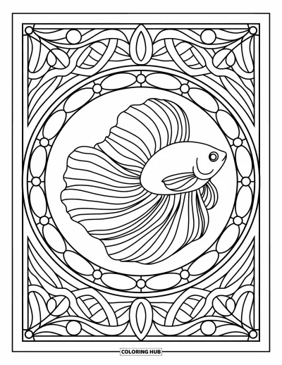 Coloriage de bleu pour adultes : Un poisson combattant aux nageoires fluides dans un cercle de vitrail aux motifs floraux détaillés
