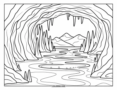 Coloriage de bleu pour adultes : Une grotte gelée avec des stalactites de glace, un sol lisse et une vue sur la montagne