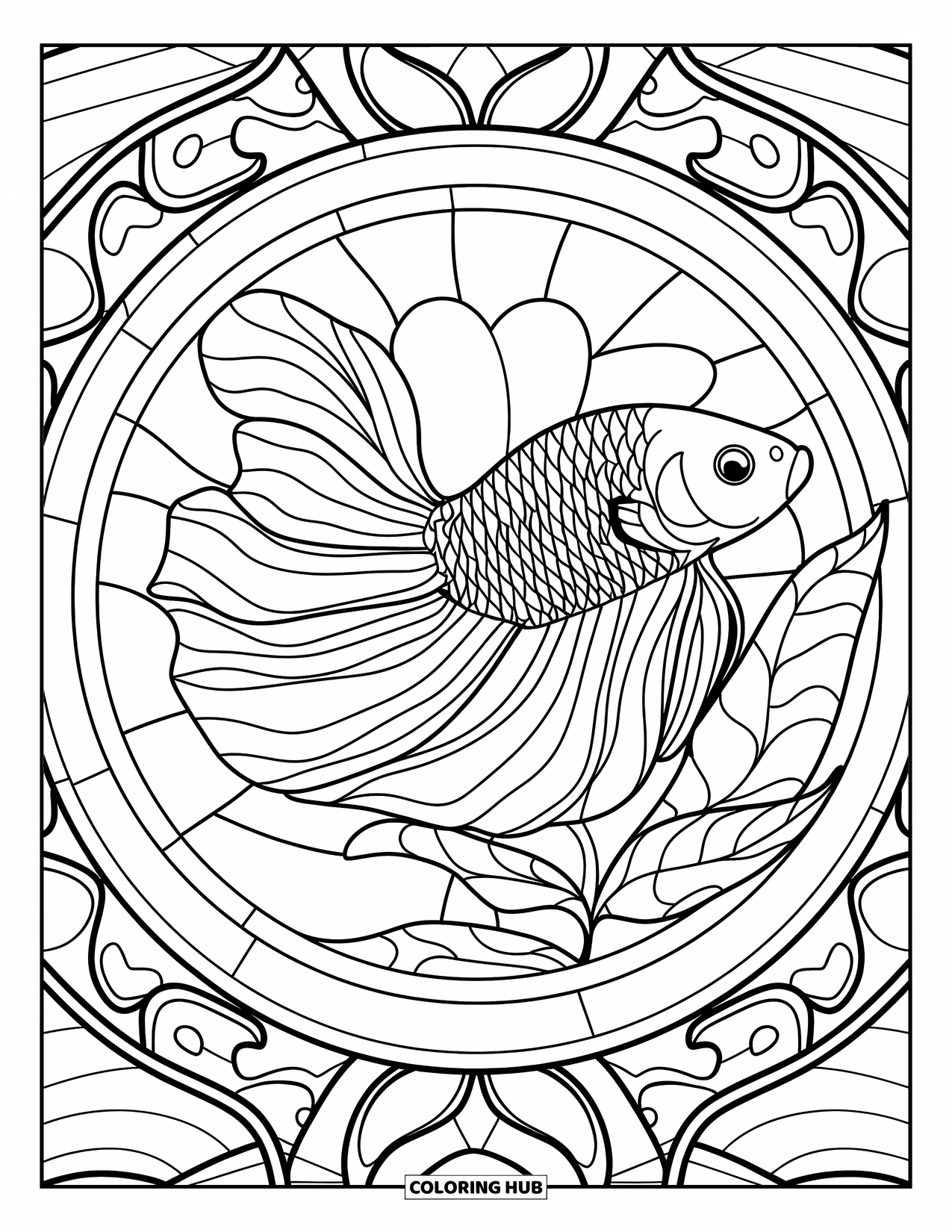 Blue Coloring Page for Adults: A graceful betta fish resting on a leaf inside a patterned stained glass frame