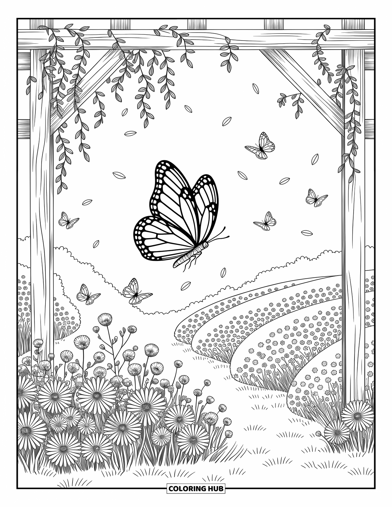 Blue Coloring Page for Adults: A graceful butterfly gliding over colorful blossoms under a soft, warm sky