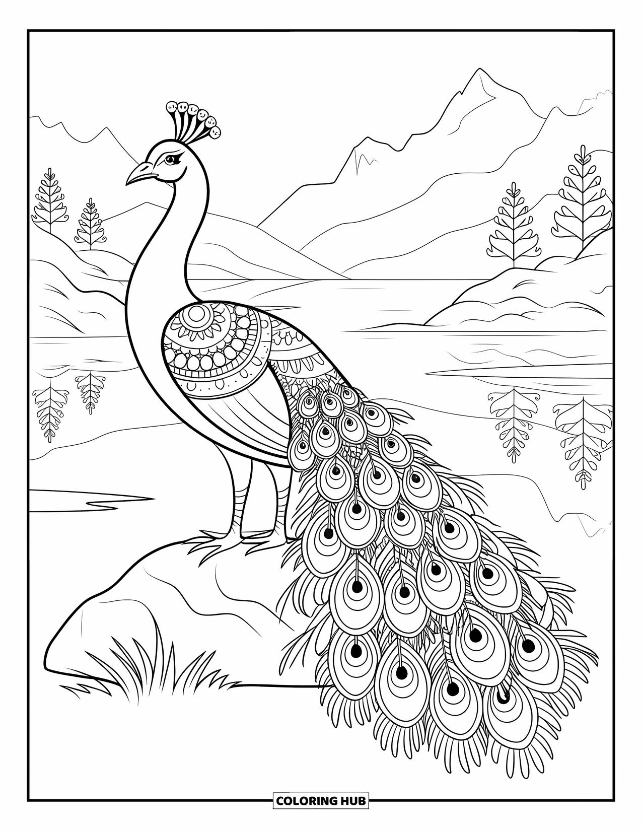 Blue Coloring Page for Adults: A graceful peacock standing by a lake with its tail reflecting in the water