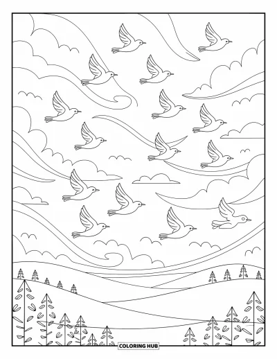 Coloriage de bleu pour adultes : Un groupe d'oiseaux planant parmi des nuages et des arbres sous un ciel lumineux