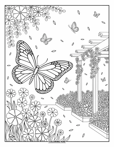 Coloriage de bleu pour adultes : Un grand papillon planant au-dessus de fleurs dans un jardin en pleine floraison