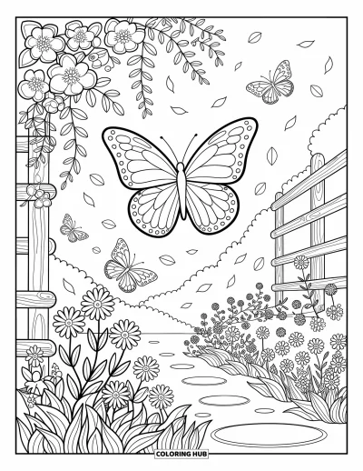 Coloriage de bleu pour adultes : Une belle scène de jardin avec des papillons, des fleurs et des lianes dansant dans la lumière