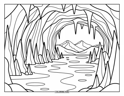 Coloriage de bleu pour adultes : Une grotte de glace féerique remplie de colonnes scintillantes, d'arches et de bassins miroitants