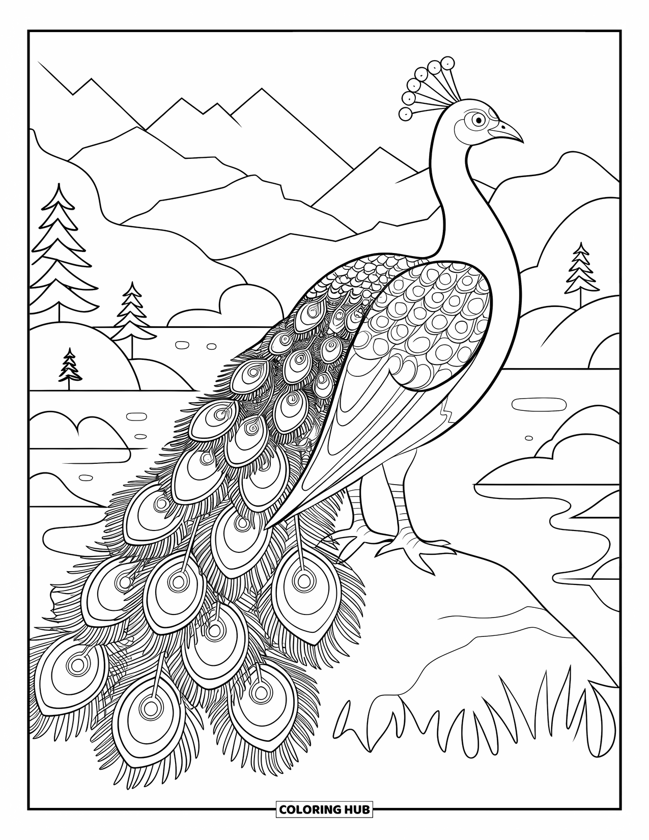 Blue Coloring Page for Adults: A majestic peacock showing off its patterned tail beside a calm mountain lake