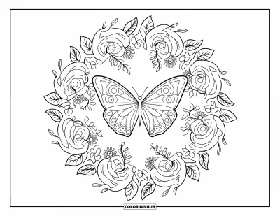 Coloriage de bleu pour adultes : Un papillon morpho entouré de roses épanouies dans un cadre de mandala floral