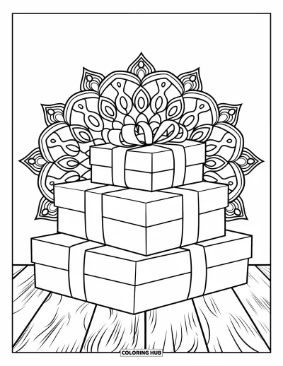 Coloriage de bleu pour adultes : Une pile soignée de boîtes-cadeaux à rubans décorées de motifs mandala en filigrane