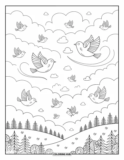 Coloriage de bleu pour adultes : Un ciel serein où des oiseaux planent parmi des nuages duveteux et de douces brises