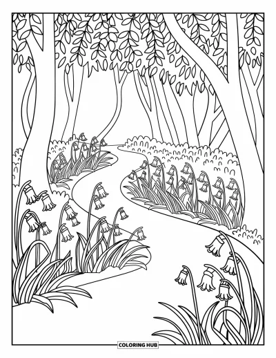Coloriage de bleu pour adultes : Un sentier boisé paisible entouré de jacinthes des bois et de branches feuillues