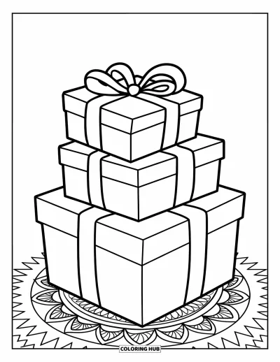 Coloriage de bleu pour adultes : Une pile de cadeaux noués de rubans posée sur une surface aux motifs ornés