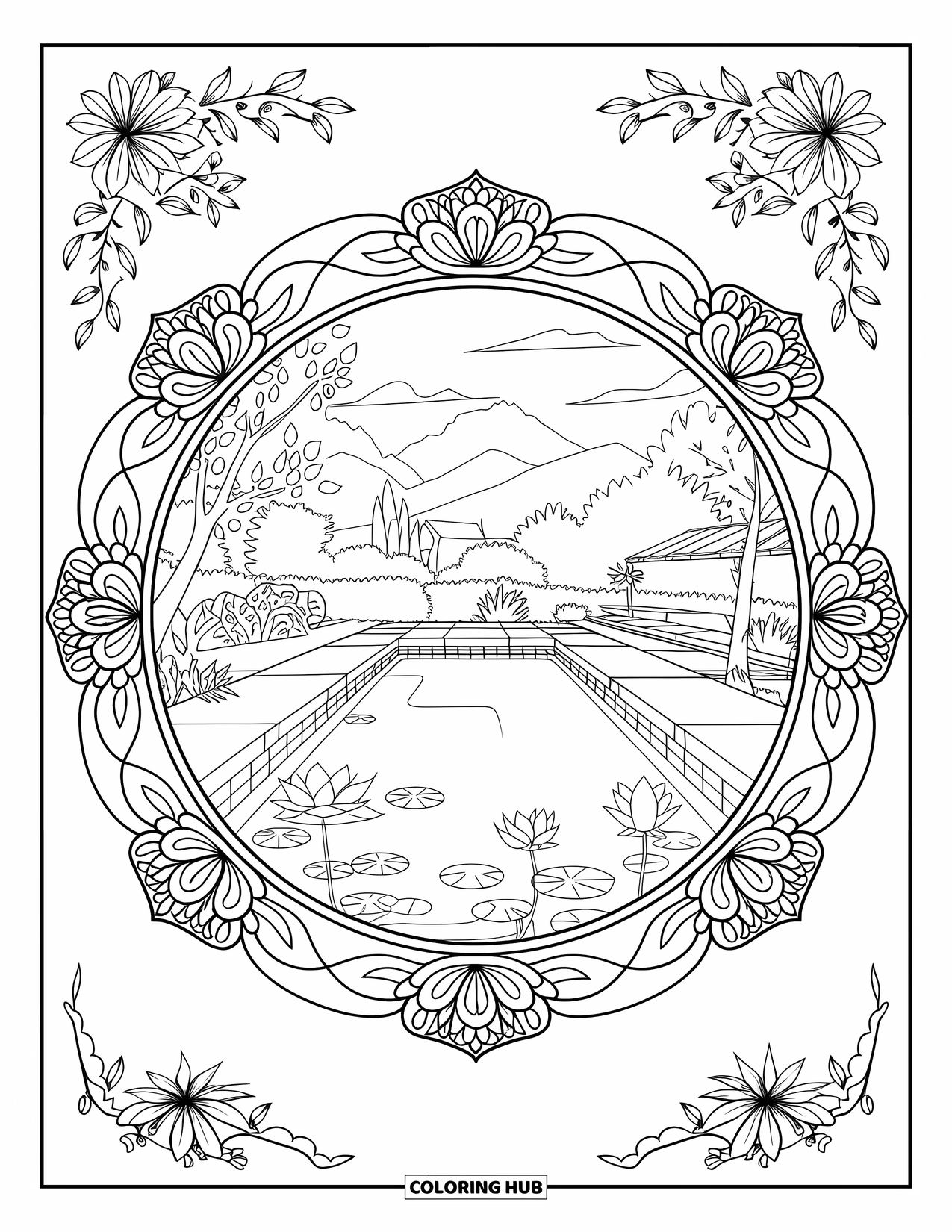 Blue Coloring Page for Adults: A pool with lotus flowers surrounded by trees and a detailed floral mandala
