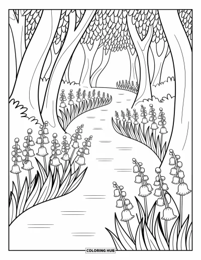 Coloriage de bleu pour adultes : Un chemin forestier paisible avec des fleurs se balançant et la lumière du soleil filtrant à travers les arbres