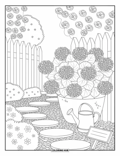 Coloriage de bleu pour adultes : Un jardin paisible rempli d'hortensias, de lierre et d'une douce lueur de soleil